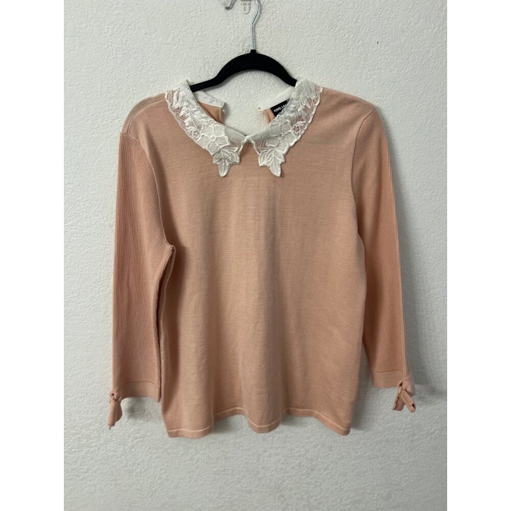 Karl Lagerfeld Paris Womens Lacy Collar Pink Pullover Top Size L